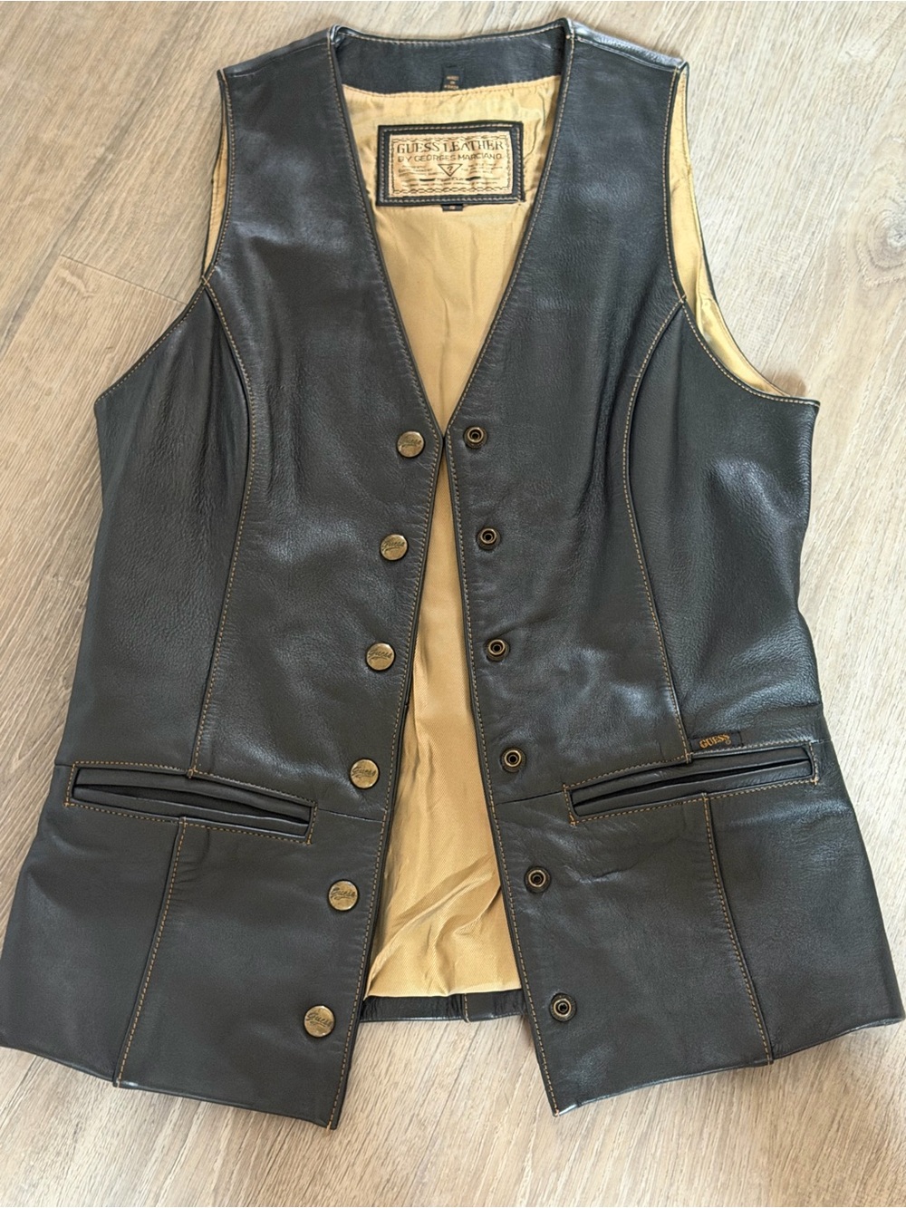 Vintage Guess Leather by Georges Marciano Black Genuine Leather Vest Size Small - Picture 3 of 8